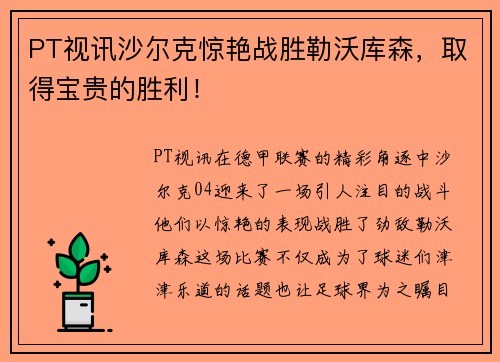 PT视讯沙尔克惊艳战胜勒沃库森，取得宝贵的胜利！