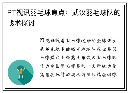 PT视讯羽毛球焦点：武汉羽毛球队的战术探讨